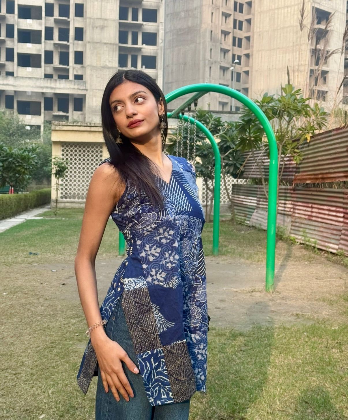 Indigo Patchwork Sleevless Short Kurti