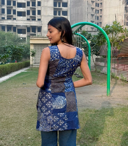 Indigo Patchwork Sleevless Short Kurti