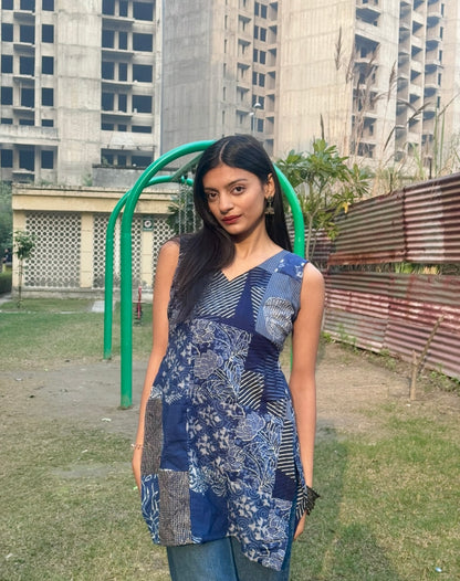 Indigo Patchwork Sleevless Short Kurti