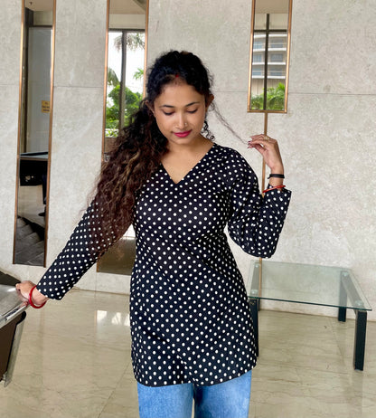 Black Polka Dot Corset Back Straight Short Kurti