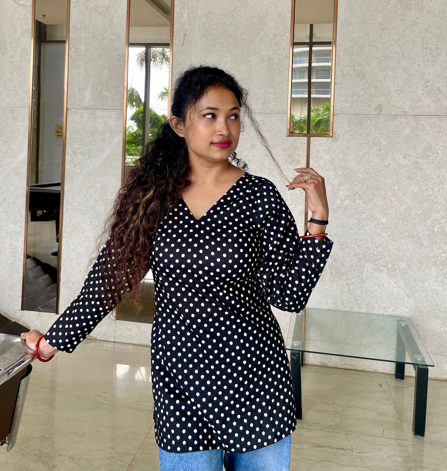 Black Polka Dot Corset Back Straight Short Kurti