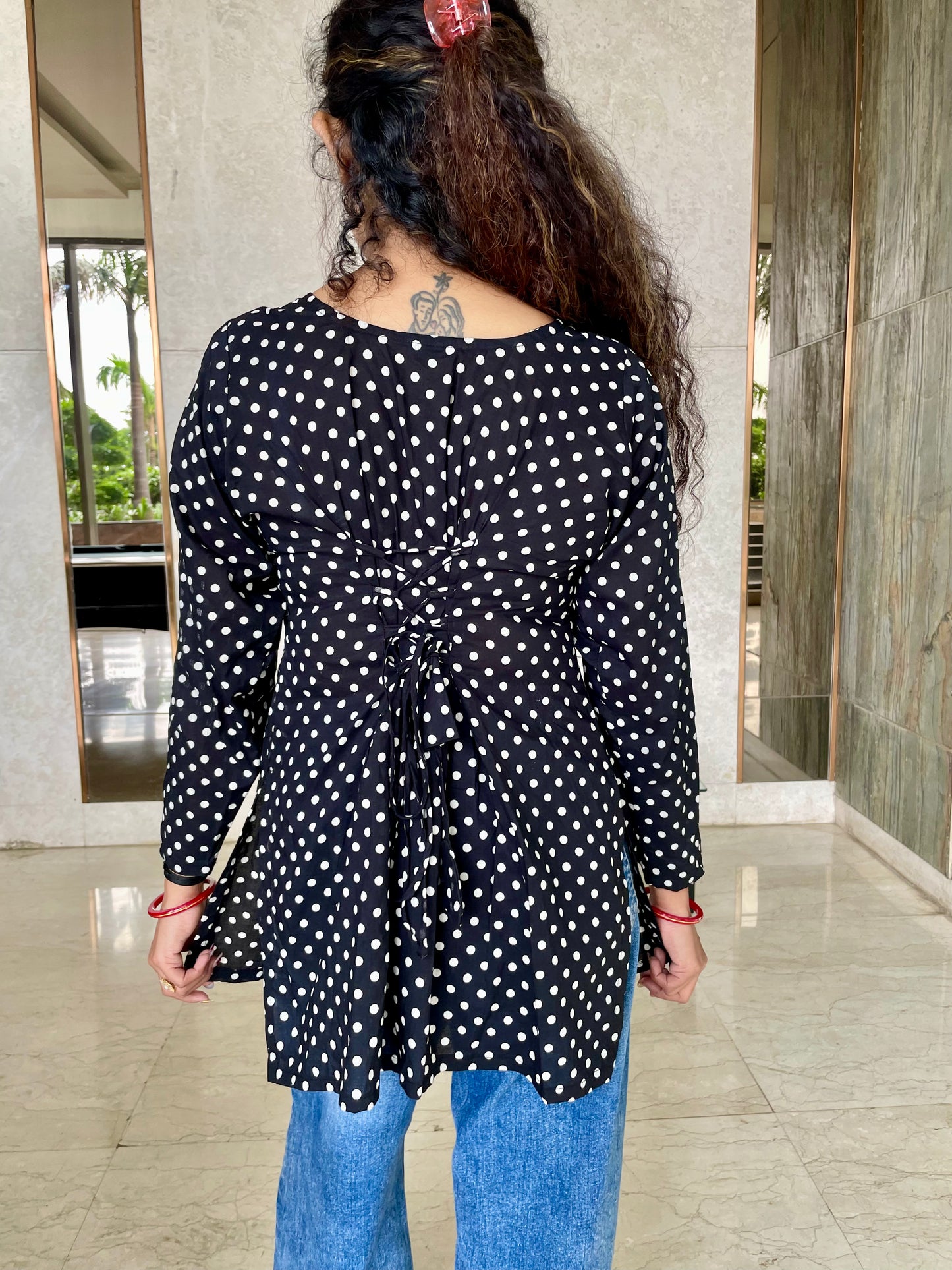 Black Polka Dot Corset Back Straight Short Kurti