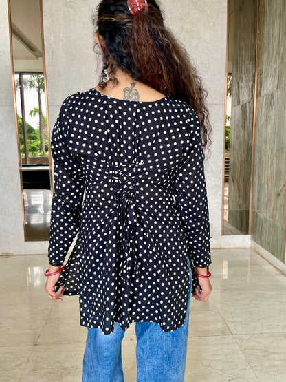 Black Polka Dot Corset Back Straight Short Kurti
