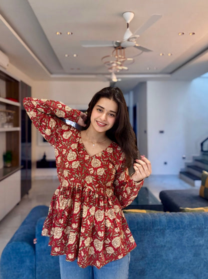 Khoobsurat Red Pelpum Short Kurti