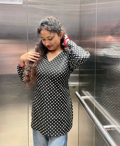 Black Polka Dot Corset Back Straight Short Kurti