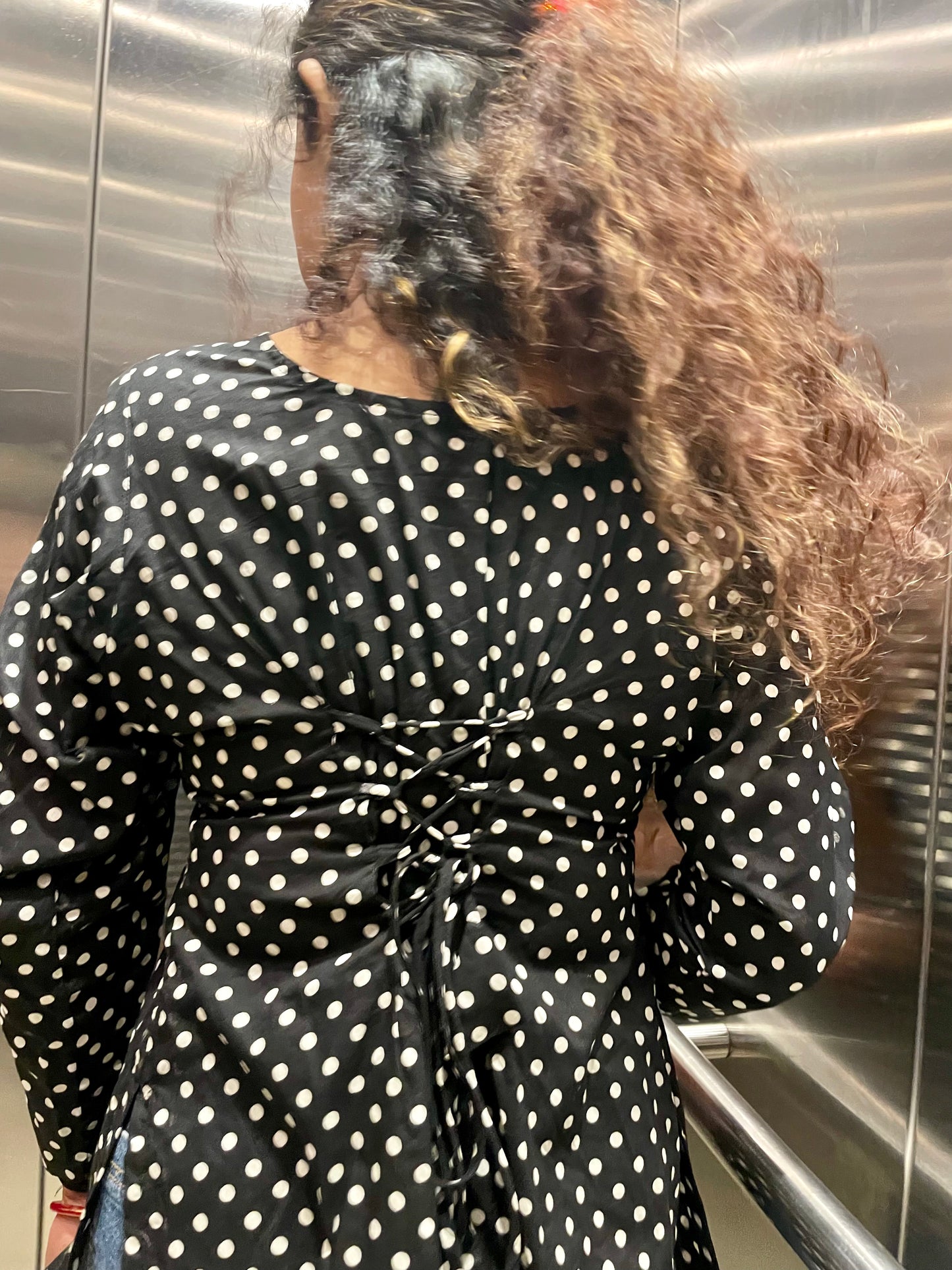 Black Polka Dot Corset Back Straight Short Kurti