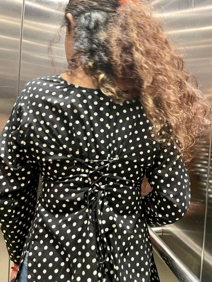 Black Polka Dot Corset Back Straight Short Kurti