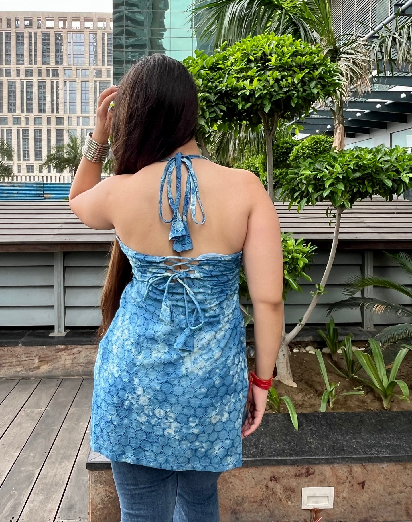 Blue Tie-Dye Hakoba Halter Neck Short Kurti