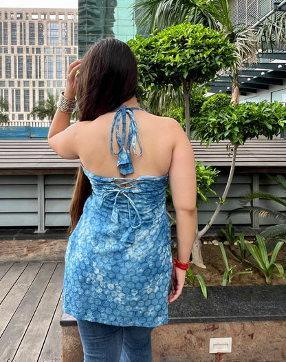 Blue Tie-Dye Hakoba Halter Neck Short Kurti