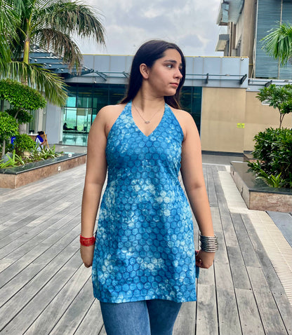 Blue Tie-Dye Hakoba Halter Neck Short Kurti