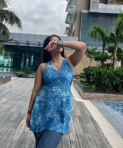 Blue Tie-Dye Hakoba Halter Neck Short Kurti