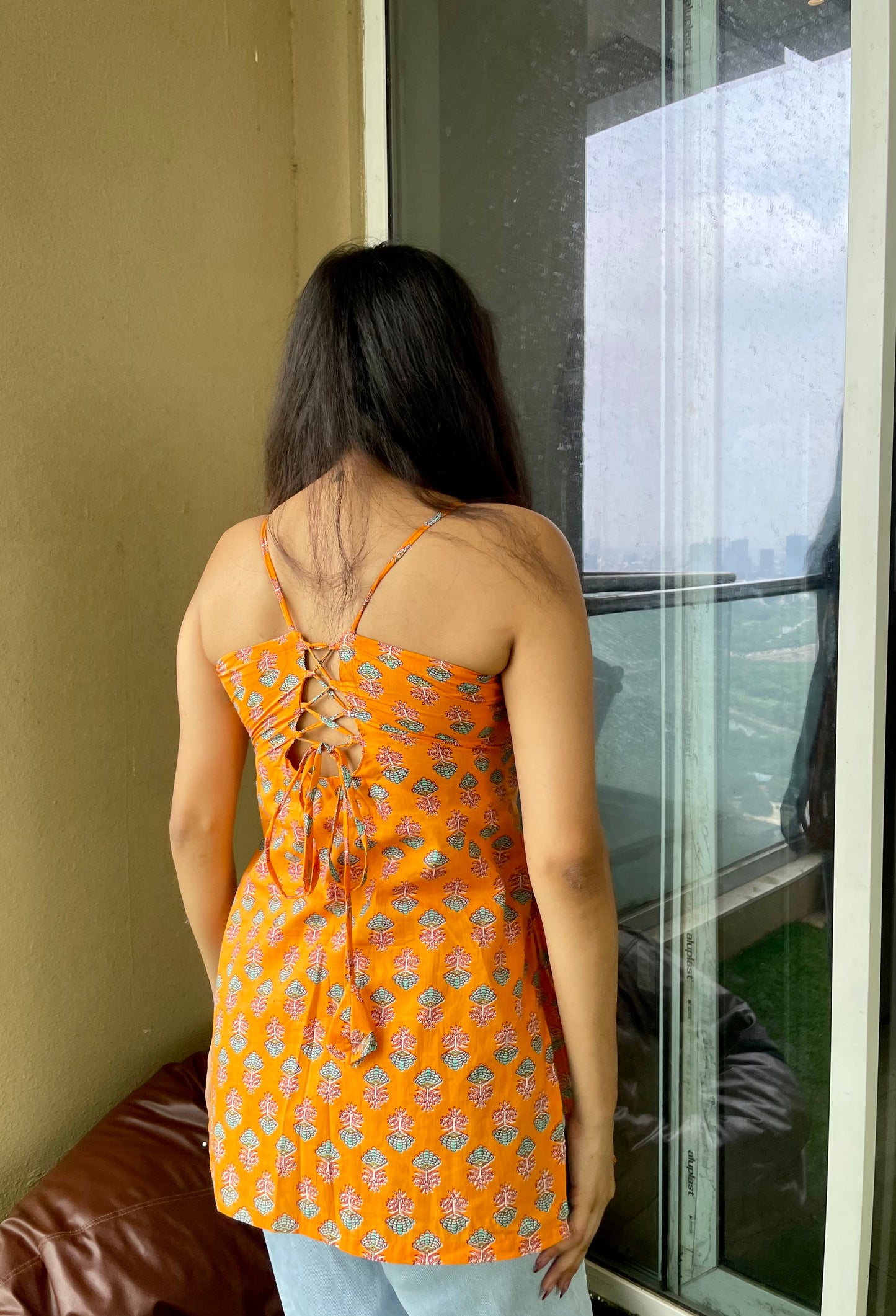 Orange Era Backless Straight Short Kurti