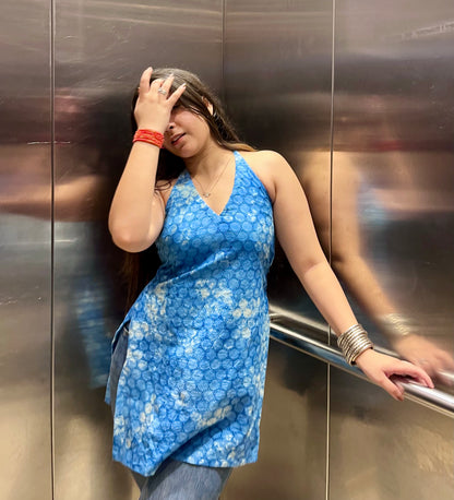 Blue Tie-Dye Hakoba Halter Neck Short Kurti