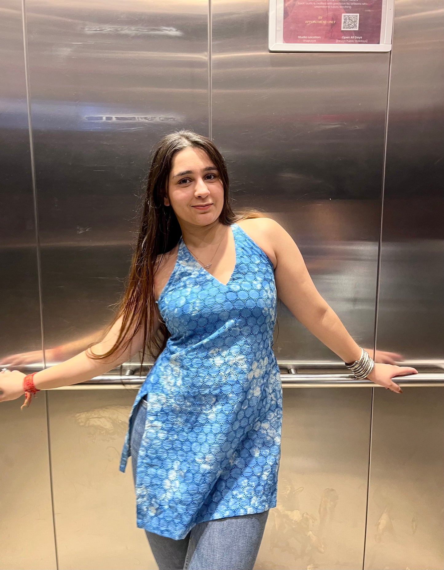 Blue Tie-Dye Hakoba Halter Neck Short Kurti