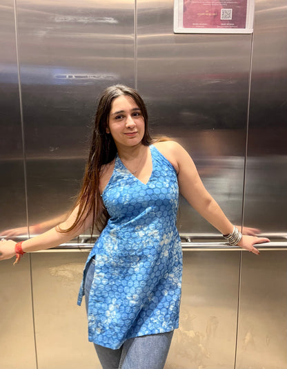 Blue Tie-Dye Hakoba Halter Neck Short Kurti