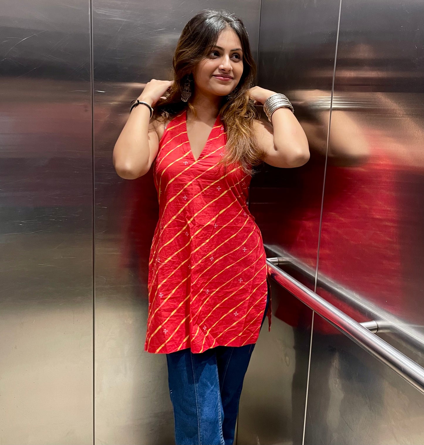 Red Bomb Halter Neck Short Kurti