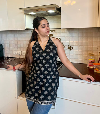 Black Lotus Halter Neck Kurti