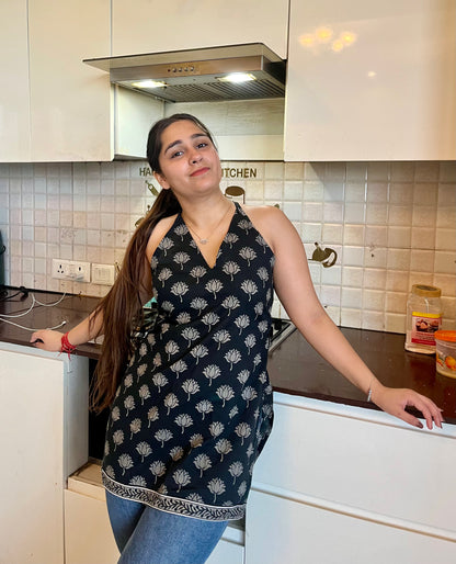 Black Lotus Halter Neck Kurti