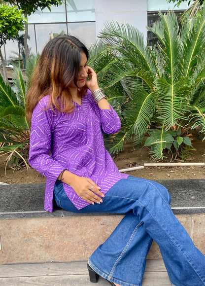 Purple Bandhani Straight Short Kurti
