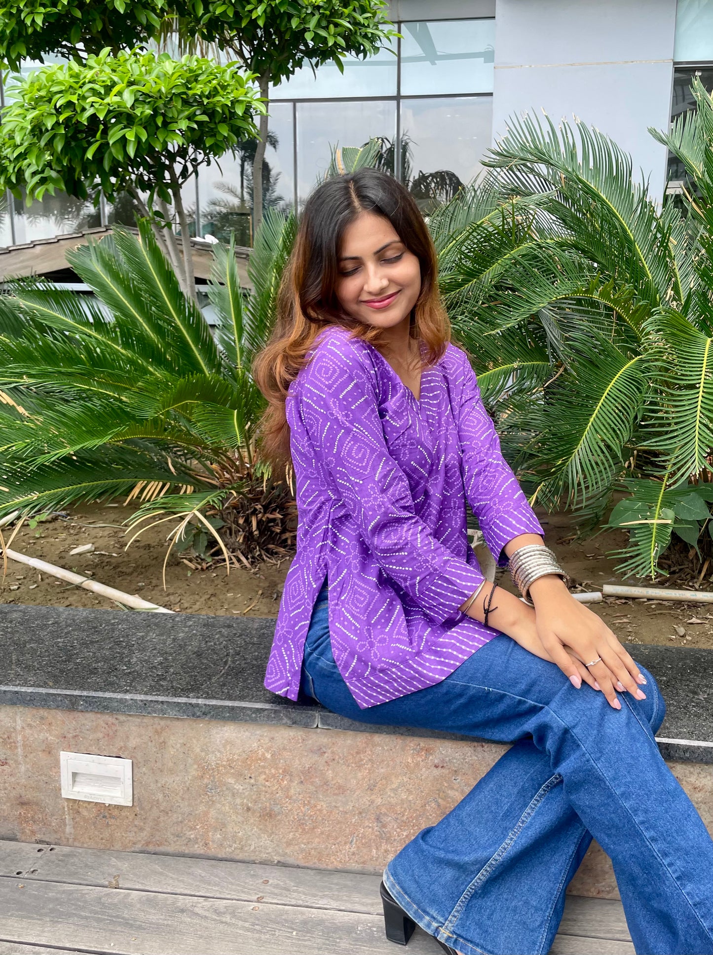 Purple Bandhani Straight Short Kurti