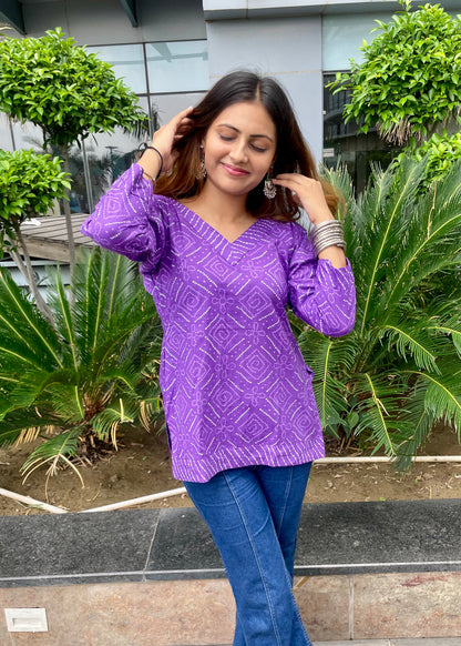 Purple Bandhani Straight Short Kurti