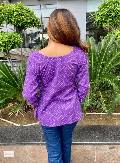 Purple Bandhani Straight Short Kurti