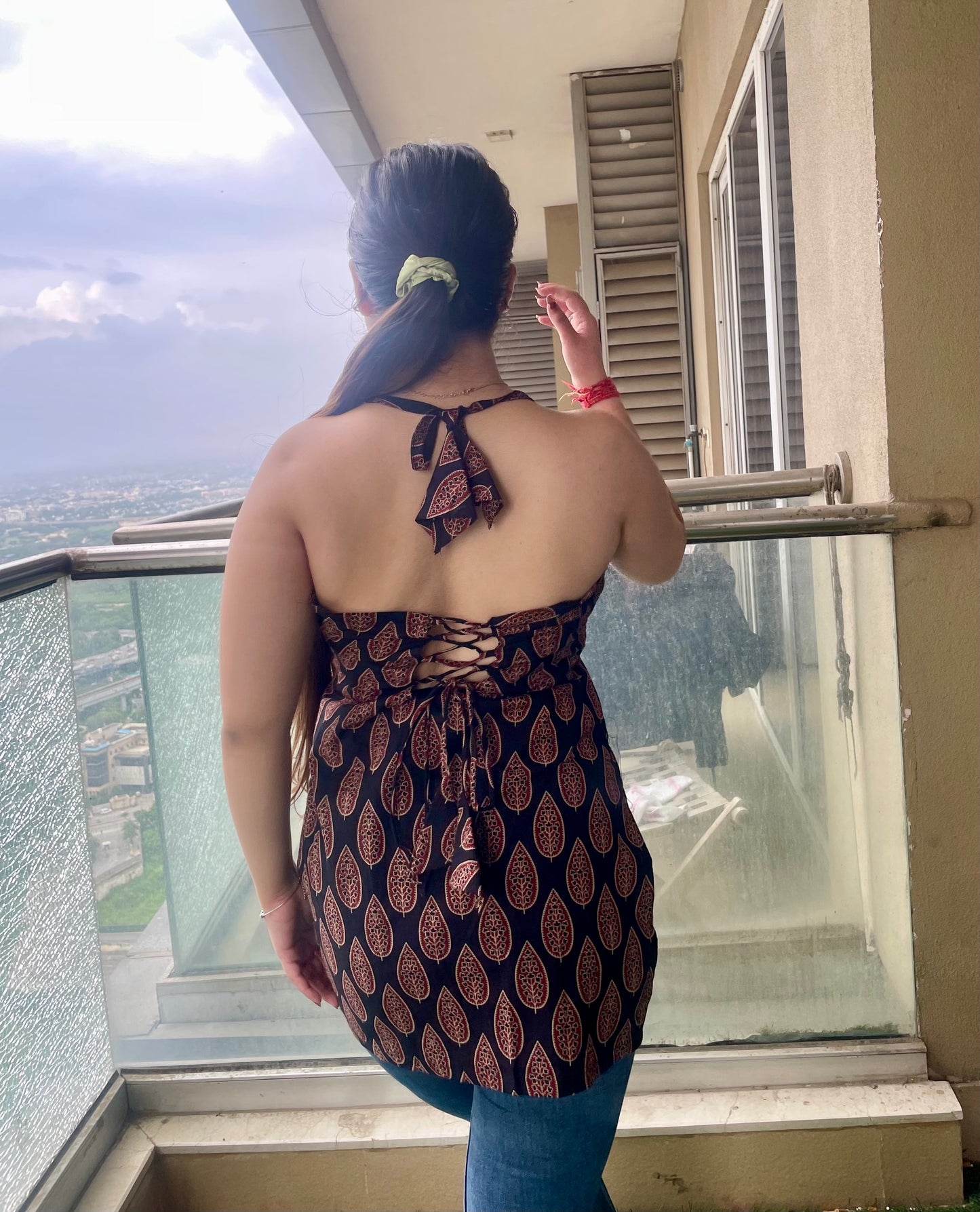 Mulberry Halter Neck Backless Short Kurti