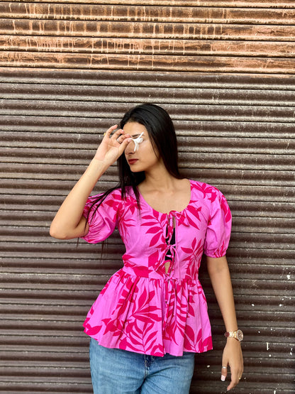 Pink Garden Cotten Tie-up Top
