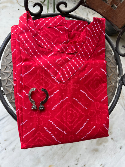 Red Bhandej Straight Fit Short Kurti