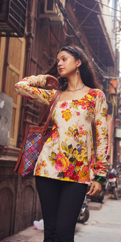 Cream Mogra Straight Short Kurti