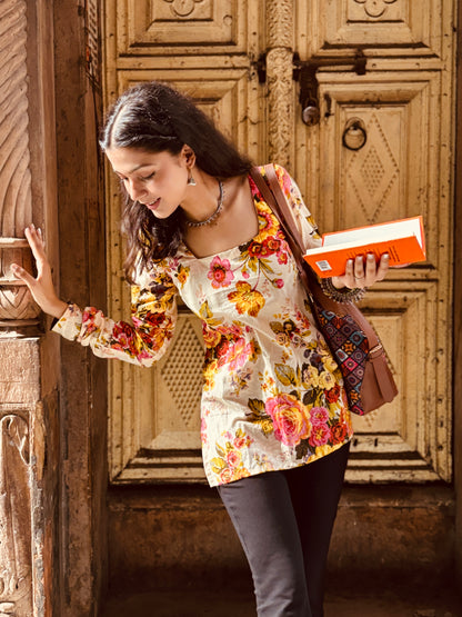 Cream Mogra Straight Short Kurti