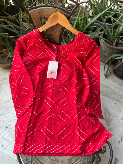 Red Bhandej Straight Fit Short Kurti