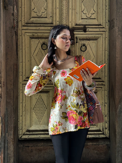 Cream Mogra Straight Short Kurti