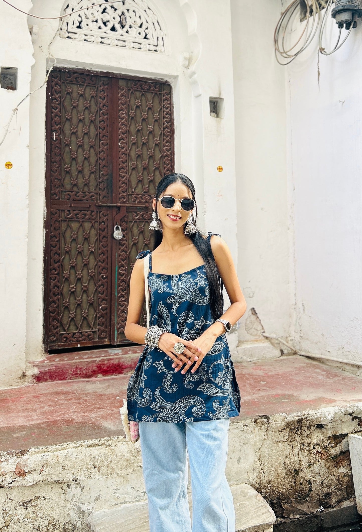 Papdi Chat (blue) Straight Tie-up Straps kurti