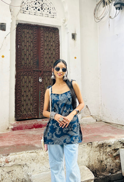 Papdi Chat (blue) Straight Tie-up Straps kurti
