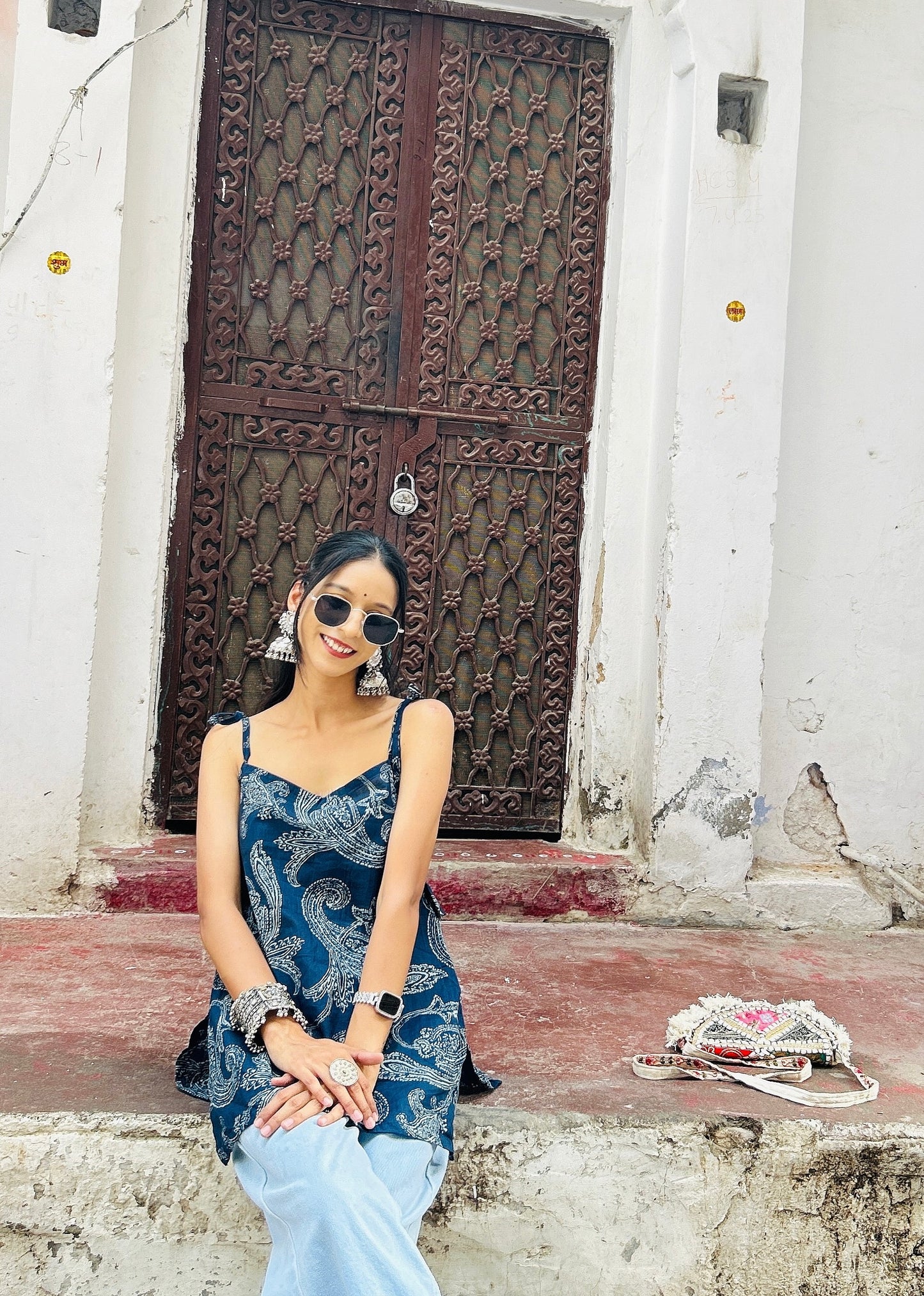 Papdi Chat (blue) Straight Tie-up Straps kurti