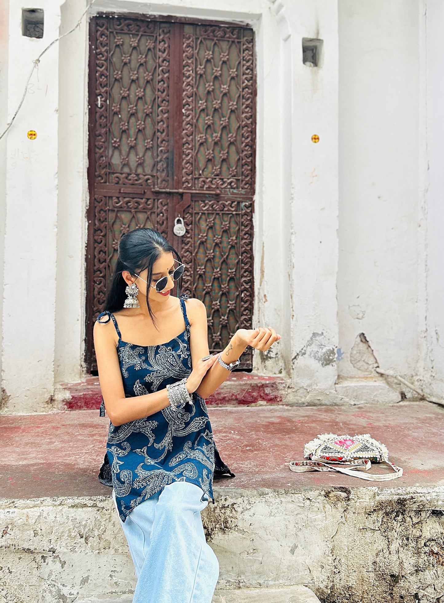 Papdi Chat (blue) Straight Tie-up Straps kurti