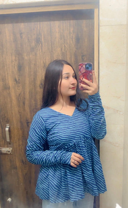 Blue lehriya Peplum Short Kurti Top