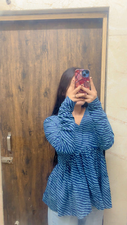 Blue lehriya Peplum Short Kurti Top