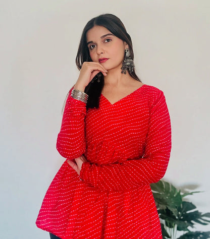 Red Lehriya Short Peplum Kurti Top