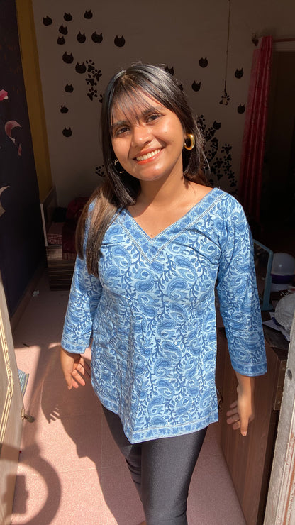 Blue Paisley Straight Short Kurti