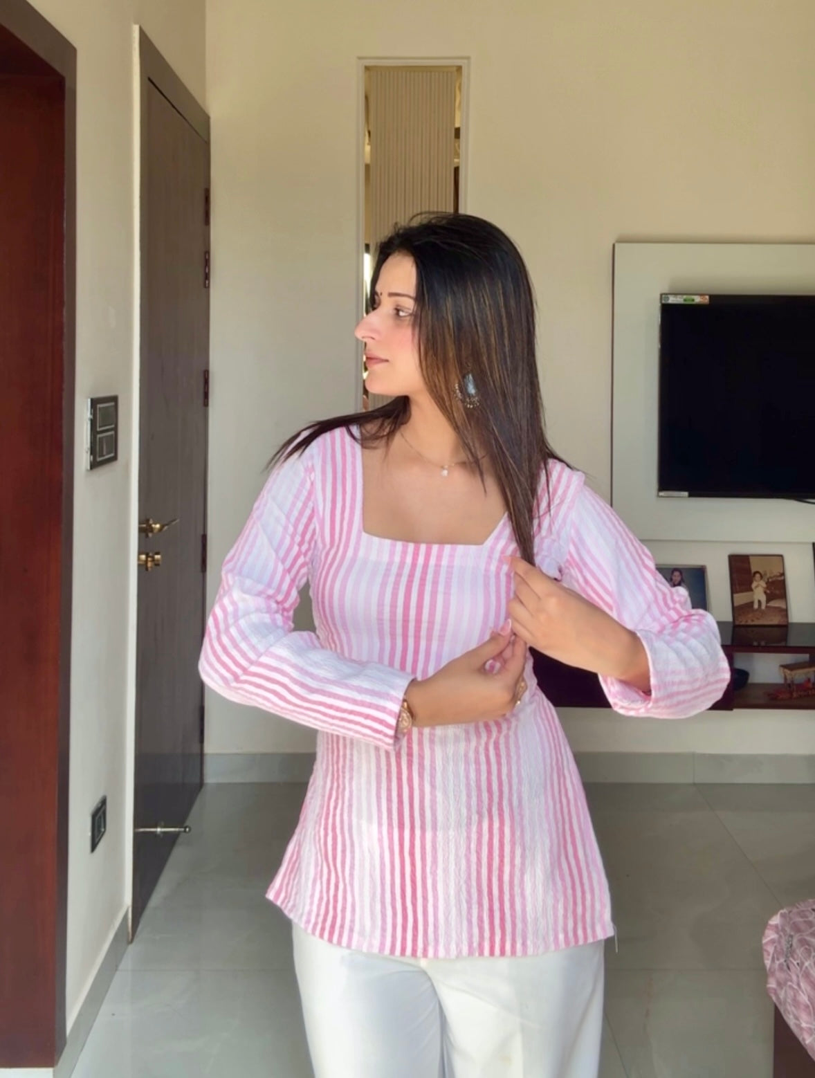 Popcorn Stripes Corset Back Short Kurti