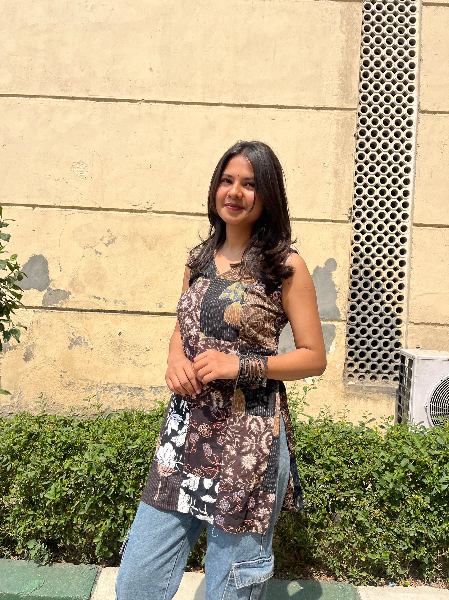 Patchwork Sleeveless Straight Short Kurti