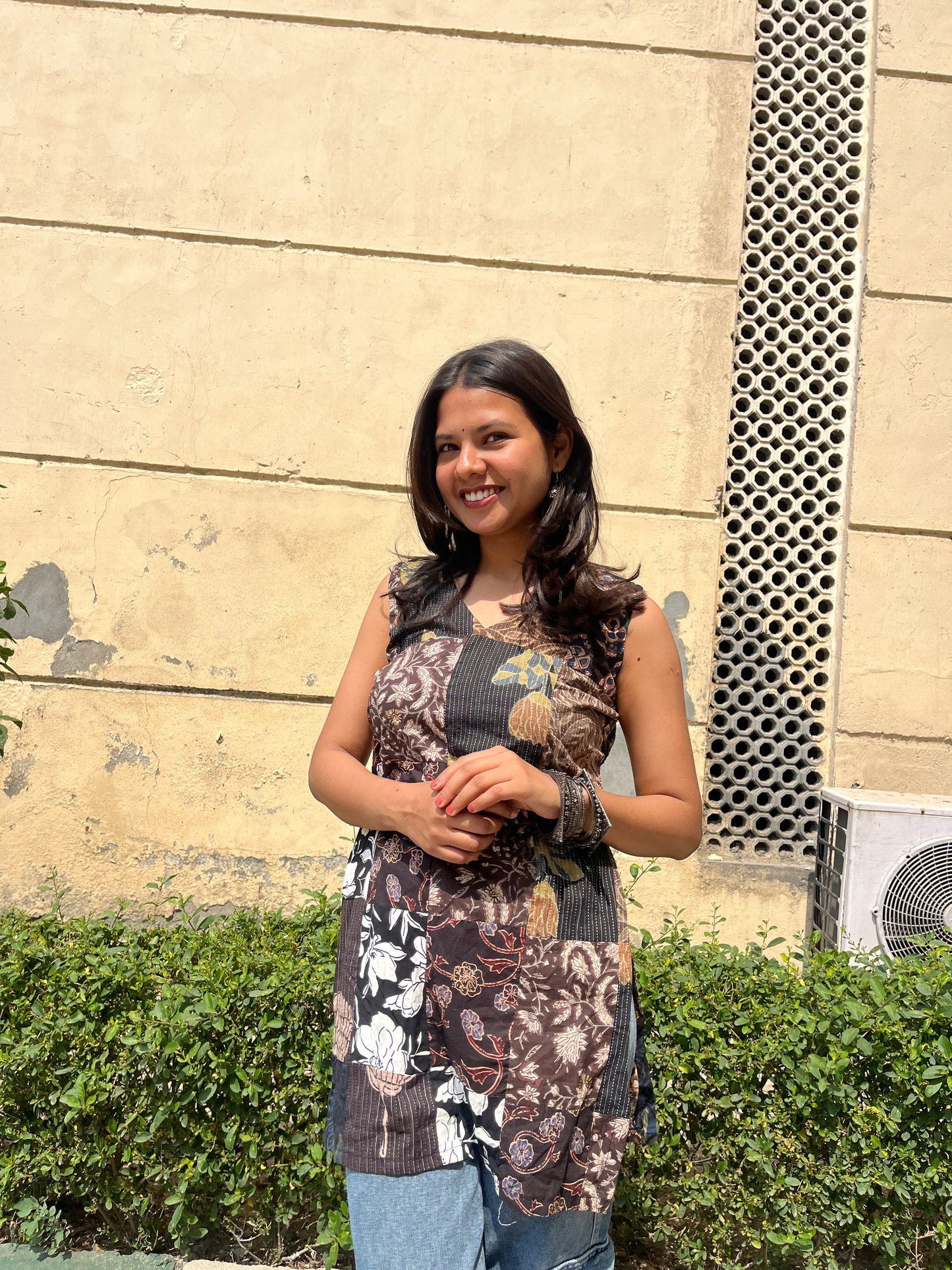 Patchwork Sleeveless Straight Short Kurti