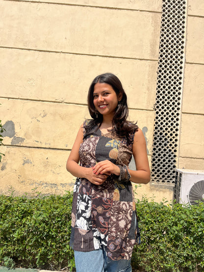 Patchwork Sleeveless Straight Short Kurti