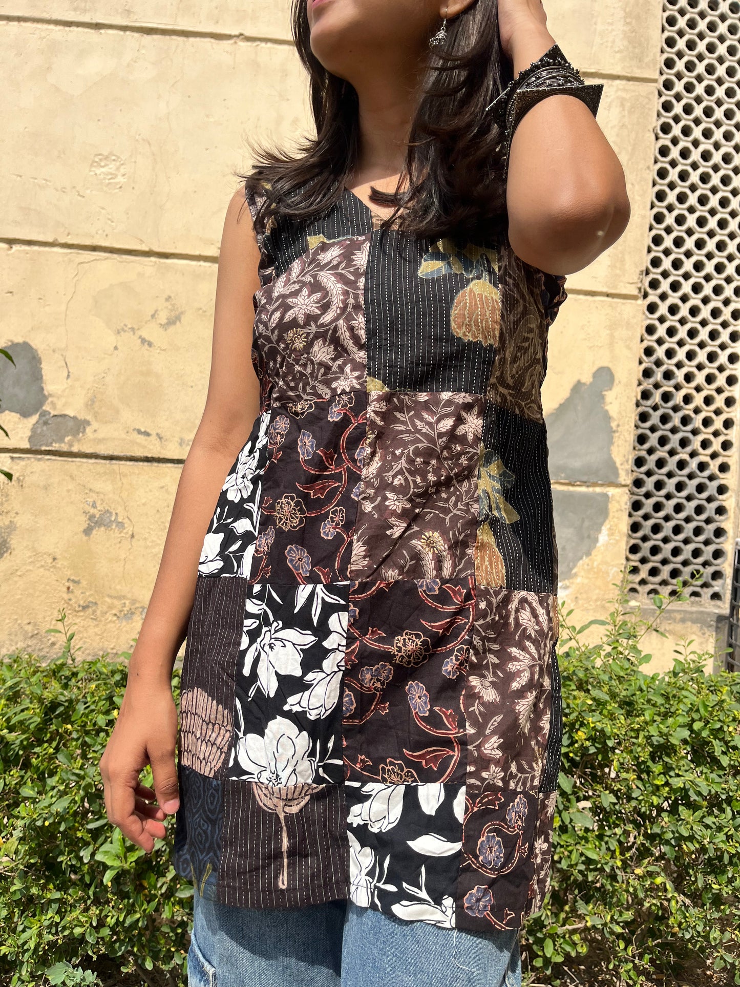 Patchwork Sleeveless Straight Short Kurti