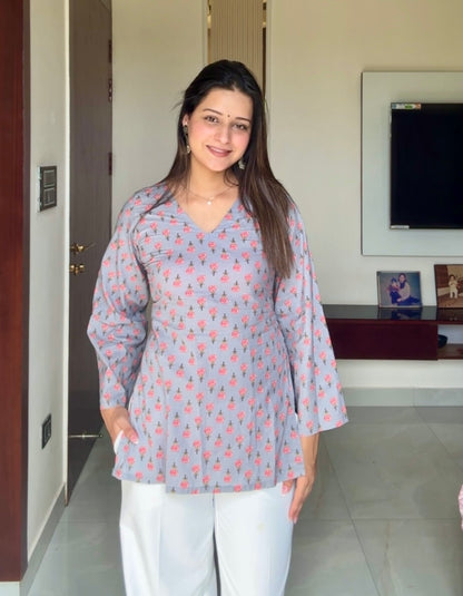 Grey Corset Back Straight Short Kurti