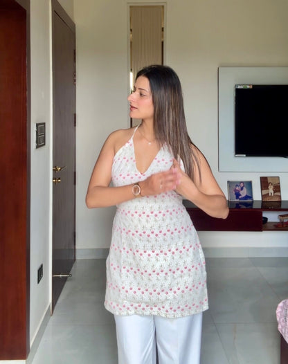 White Halter Neck Short Kurti