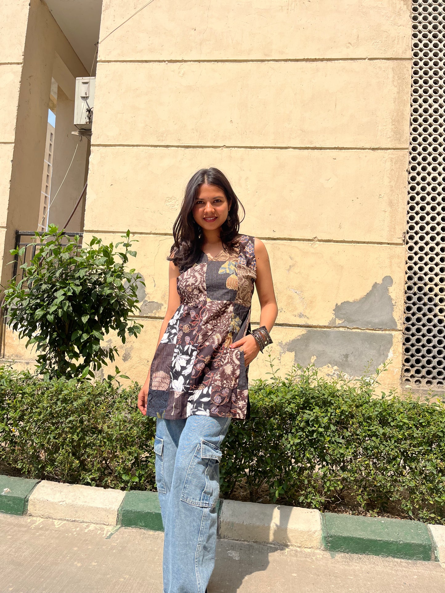 Patchwork Sleeveless Straight Short Kurti