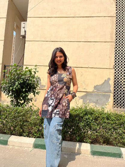 Patchwork Sleeveless Straight Short Kurti